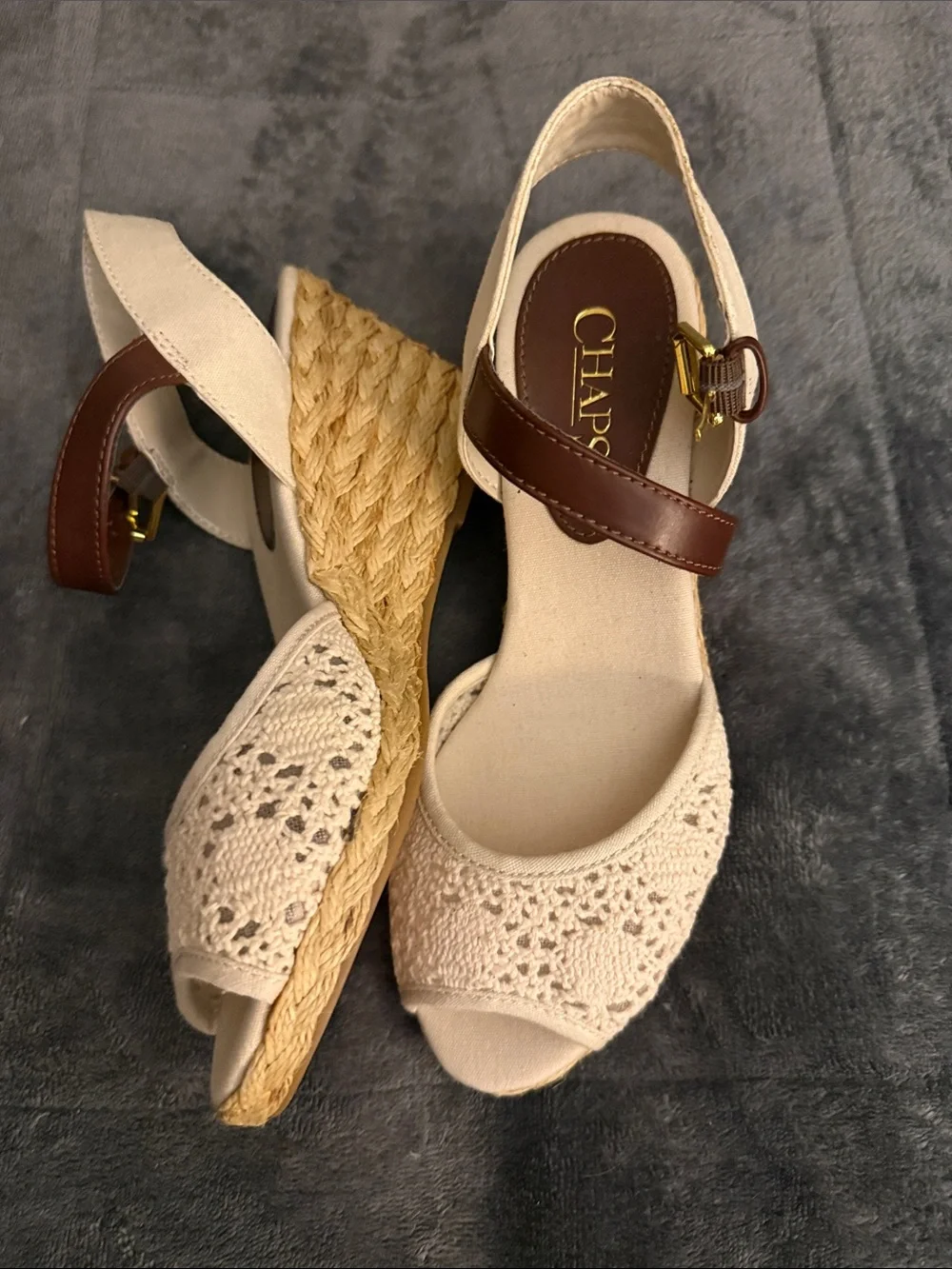 Chaps Cream Crochet Espadrille Wedges with Brown Ankle Strap